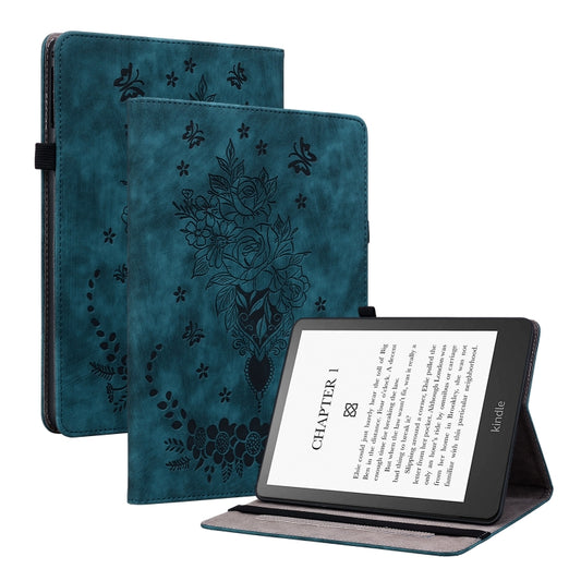 For Amazon Kindle Paperwhite 5 2023 2024 Butterfly Rose Embossed Leather Tablet Case(Dark Blue) - Amazon by buy2fix | Online Shopping UK | buy2fix