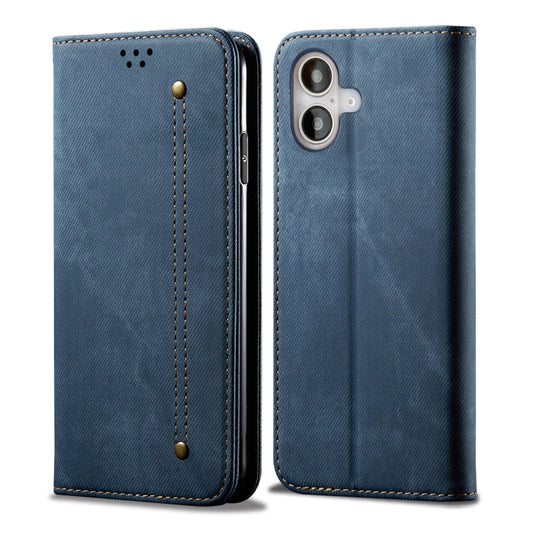 For iPhone 16 Plus Denim Texture Casual Style Horizontal Flip Leather Case(Blue) - iPhone 16 Plus Cases by buy2fix | Online Shopping UK | buy2fix