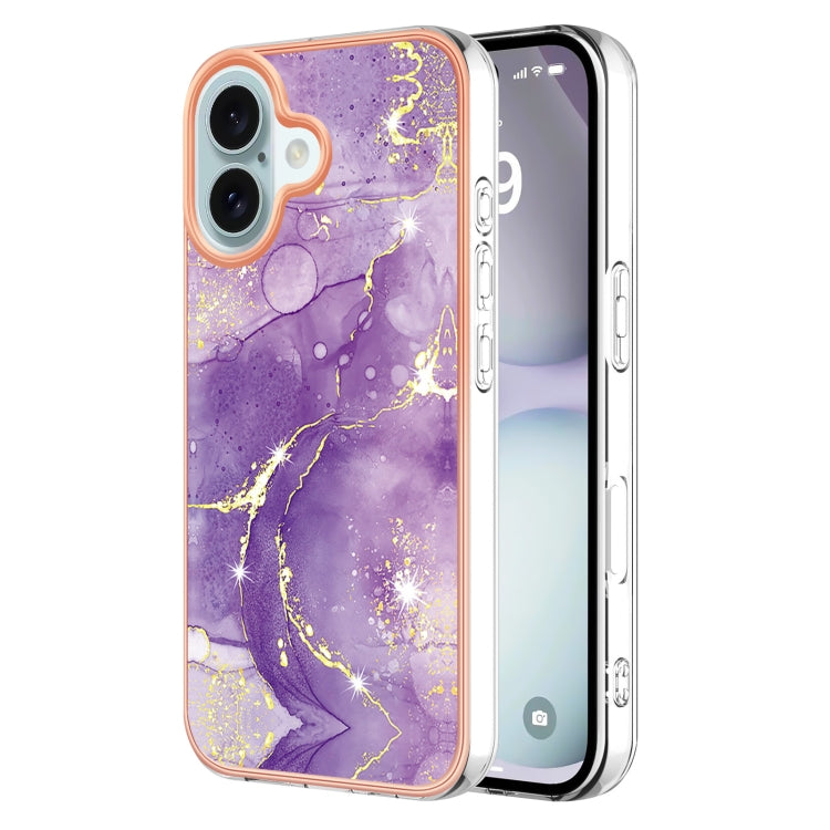 For iPhone 16 Electroplating Marble Pattern Dual-side IMD TPU Shockproof Phone Case (Purple 002) - iPhone 16 Cases by buy2fix | Online Shopping UK | buy2fix