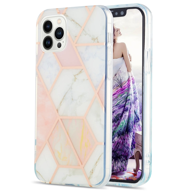 For iPhone 16 Pro Electroplating Splicing Marble Flower Pattern Dual-side IMD TPU Shockproof Phone Case(Pink White) - iPhone 16 Pro Cases by buy2fix | Online Shopping UK | buy2fix