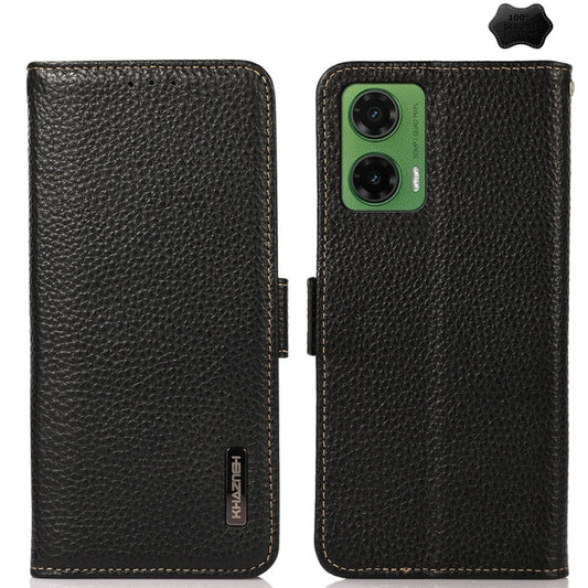 For Motorola Moto G35 KHAZNEH Side-Magnetic Litchi Genuine Leather RFID Phone Case(Black) - Motorola Cases by buy2fix | Online Shopping UK | buy2fix