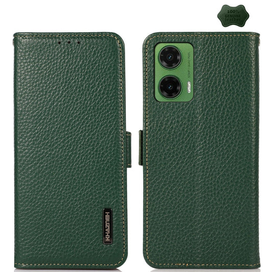 For Motorola Moto G35 KHAZNEH Side-Magnetic Litchi Genuine Leather RFID Phone Case(Green) - Motorola Cases by buy2fix | Online Shopping UK | buy2fix