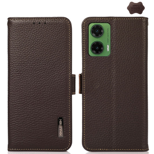 For Motorola Moto G35 KHAZNEH Side-Magnetic Litchi Genuine Leather RFID Phone Case(Brown) - Motorola Cases by buy2fix | Online Shopping UK | buy2fix