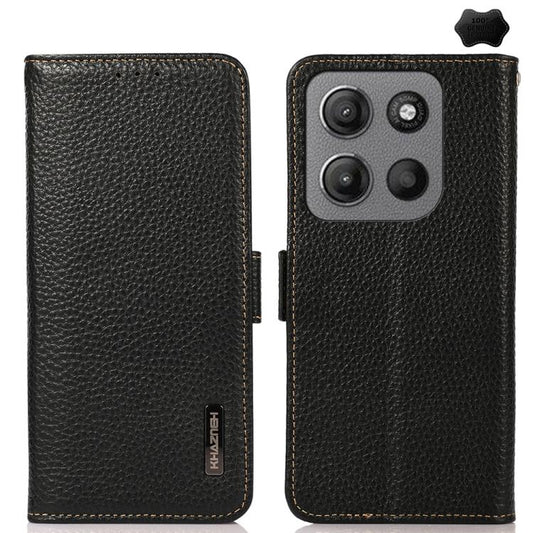 For Motorola Moto G15 4G / G05 KHAZNEH Side-Magnetic Litchi Genuine Leather RFID Phone Case(Black) - Motorola Cases by buy2fix | Online Shopping UK | buy2fix