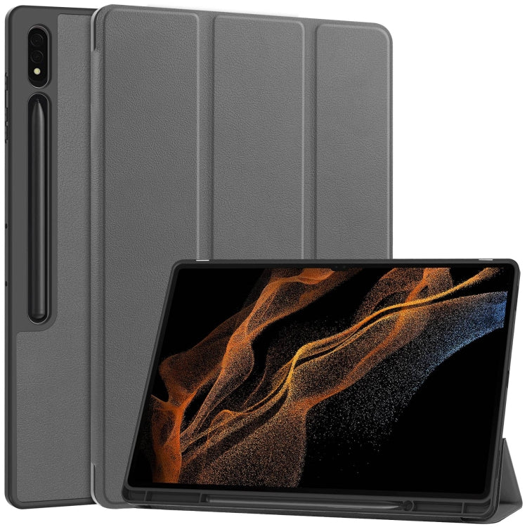 For Samsung Galaxy Tab S9 Ultra 3-Fold Pure Color TPU Smart Leather Tablet Case with Pen Slot(Grey) - Galaxy Tab S9 Ultra Cases by buy2fix | Online Shopping UK | buy2fix