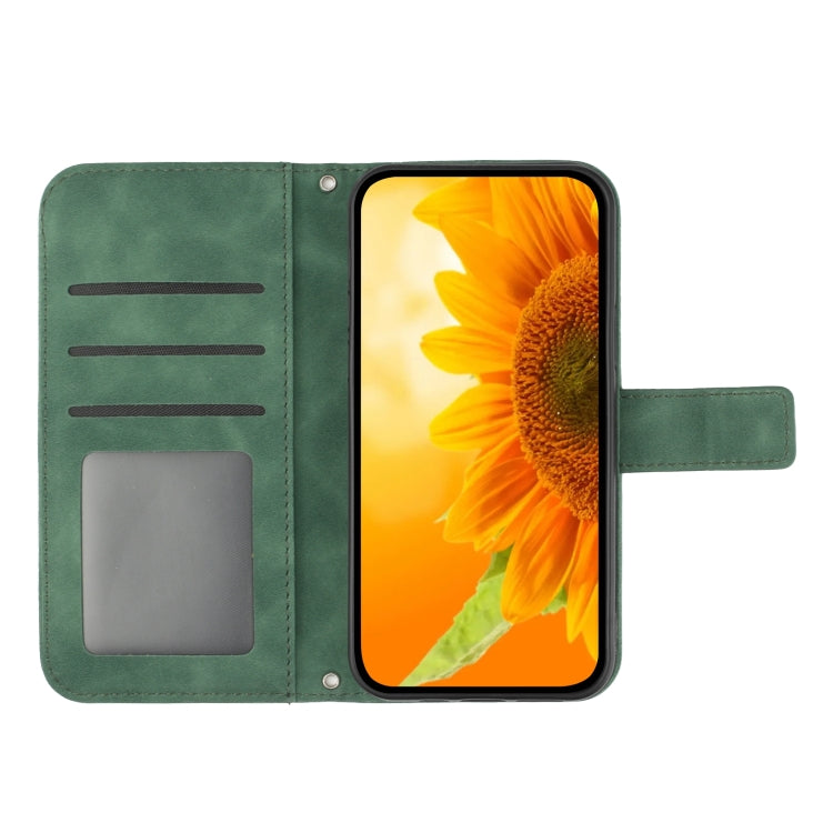 For Motorola Moto G Play 4G 2024 HT04 Skin Feel Sun Flower Embossed Flip Leather Phone Case with Lanyard(Green) - Motorola Cases by buy2fix | Online Shopping UK | buy2fix