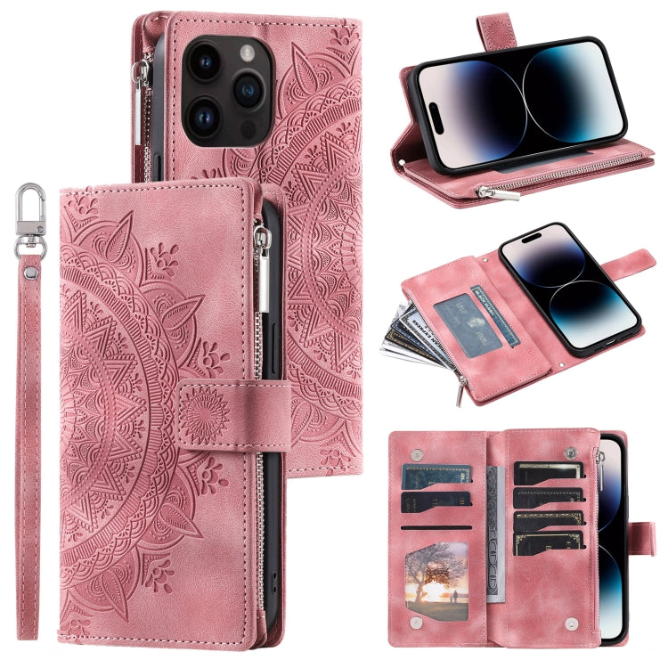 For iPhone 16 Pro Max Multi-Card Totem Zipper Leather Phone Case(Pink) - iPhone 16 Pro Max Cases by buy2fix | Online Shopping UK | buy2fix