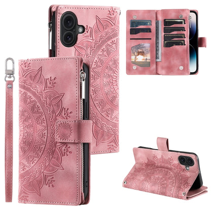 For iPhone 16 Multi-Card Totem Zipper Leather Phone Case(Pink) - iPhone 16 Cases by buy2fix | Online Shopping UK | buy2fix