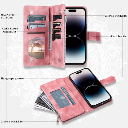 For iPhone 16 Multi-Card Totem Zipper Leather Phone Case(Pink) - iPhone 16 Cases by buy2fix | Online Shopping UK | buy2fix