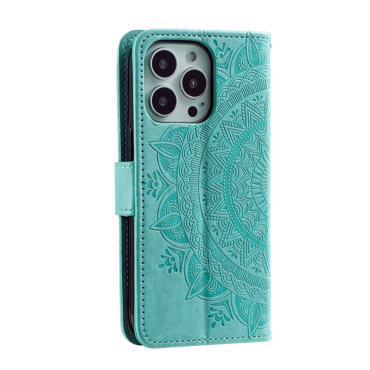 For iPhone 16 Pro Totem Flower Embossed Leather Phone Case(Green) - iPhone 16 Pro Cases by buy2fix | Online Shopping UK | buy2fix