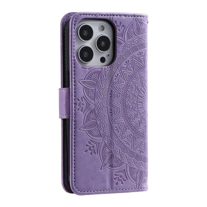 For iPhone 16 Pro Totem Flower Embossed Leather Phone Case(Purple) - iPhone 16 Pro Cases by buy2fix | Online Shopping UK | buy2fix