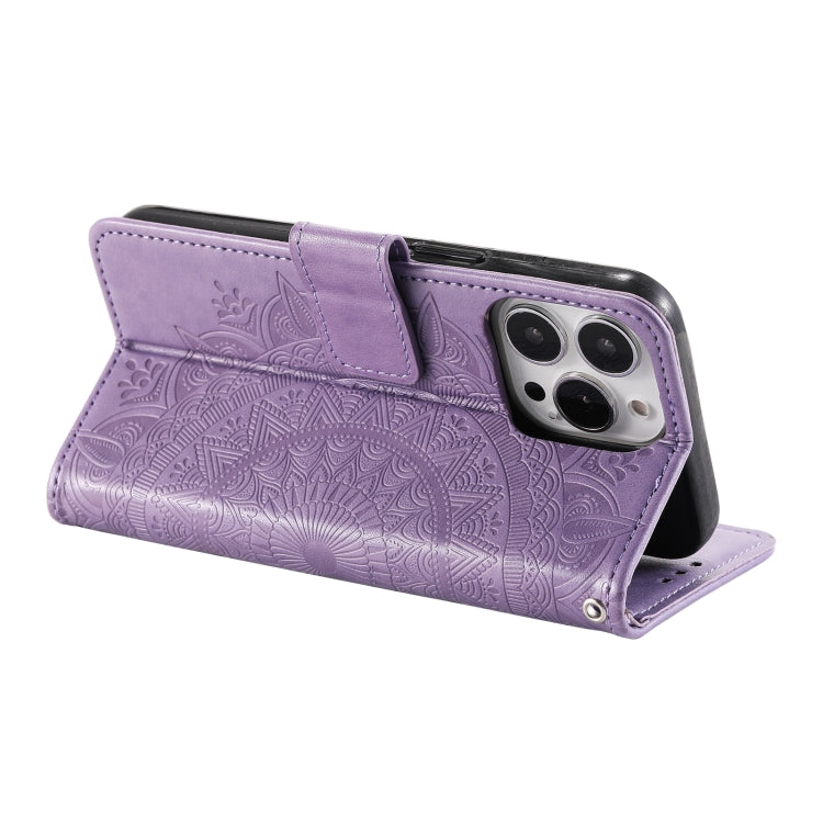 For iPhone 16 Pro Totem Flower Embossed Leather Phone Case(Purple) - iPhone 16 Pro Cases by buy2fix | Online Shopping UK | buy2fix