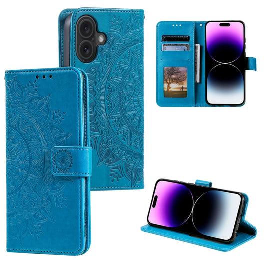 For iPhone 16 Totem Flower Embossed Leather Phone Case(Blue) - iPhone 16 Cases by buy2fix | Online Shopping UK | buy2fix