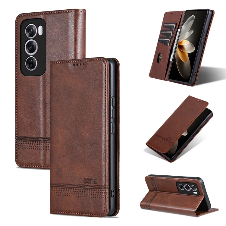 For OPPO Reno12 Global AZNS Magnetic Calf Texture Flip Leather Phone Case(Dark Brown) - Reno12 Cases by AZNS | Online Shopping UK | buy2fix