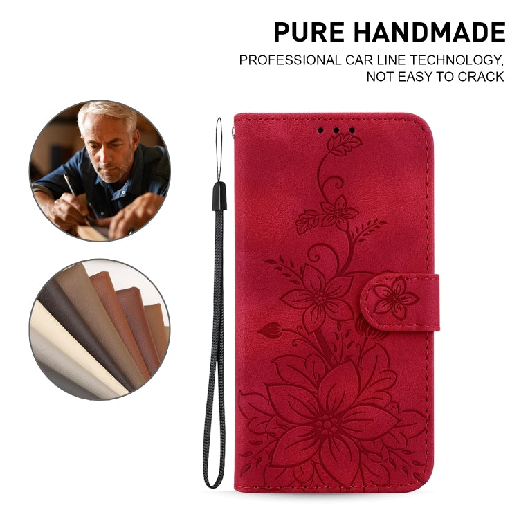 For iPhone 16 Lily Embossed Leather Phone Case(Red) - iPhone 16 Cases by buy2fix | Online Shopping UK | buy2fix