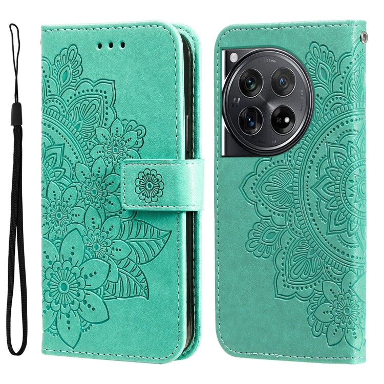 For OnePlus 12 Seven-petal Flowers Embossing Leather Phone Case(Green) - OnePlus Cases by buy2fix | Online Shopping UK | buy2fix