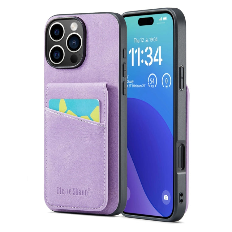 For iPhone 16 Pro Fierre Shann Crazy Horse Card Holder Back Cover PU Phone Case(Purple) - iPhone 16 Pro Cases by FIERRE SHANN | Online Shopping UK | buy2fix