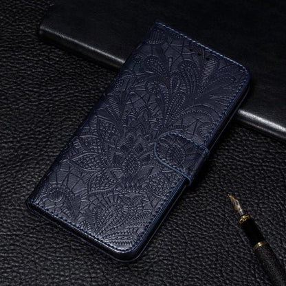 For iPhone 16 Lace Flower Embossing Flip Leather Phone Case(Dark Blue) - iPhone 16 Cases by buy2fix | Online Shopping UK | buy2fix