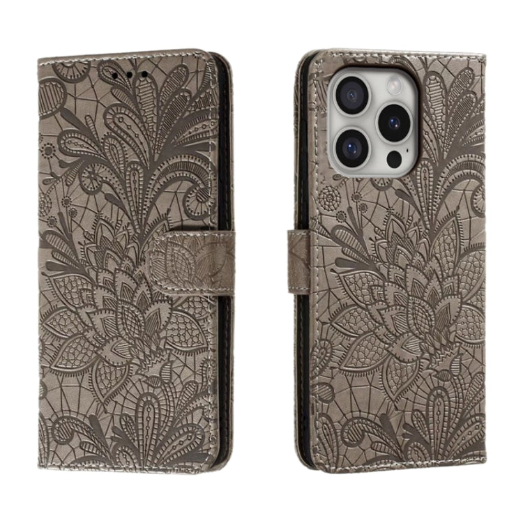 For iPhone 16 Pro Lace Flower Embossing Flip Leather Phone Case(Grey) - iPhone 16 Pro Cases by buy2fix | Online Shopping UK | buy2fix