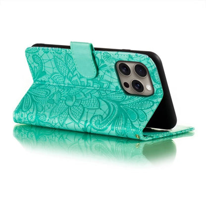 For iPhone 16 Pro Max Lace Flower Embossing Flip Leather Phone Case(Green) - iPhone 16 Pro Max Cases by buy2fix | Online Shopping UK | buy2fix