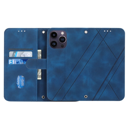 For iPhone 16 Pro Embossed Line Leather Phone Case with Lanyard(Blue) - iPhone 16 Pro Cases by buy2fix | Online Shopping UK | buy2fix