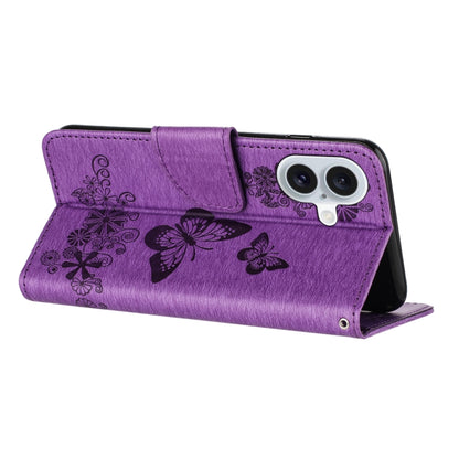 For iPhone 16 Butterfly Embossed Flip Leather Phone Case(Purple) - iPhone 16 Cases by buy2fix | Online Shopping UK | buy2fix