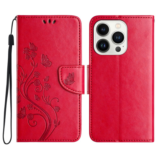 For iPhone 16 Pro Butterfly Flower Pattern Flip Leather Phone Case(Red) - iPhone 16 Pro Cases by buy2fix | Online Shopping UK | buy2fix