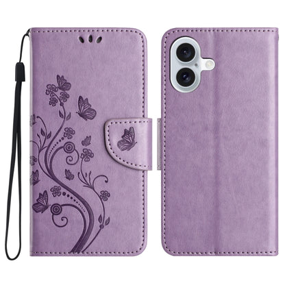 For iPhone 16 Plus Butterfly Flower Pattern Flip Leather Phone Case(Light Purple) - iPhone 16 Plus Cases by buy2fix | Online Shopping UK | buy2fix