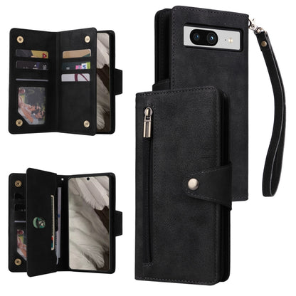 For Google Pixel 8 Rivet Buckle 9 Cards Three Fold Leather Phone Case(Black) - Google Cases by buy2fix | Online Shopping UK | buy2fix