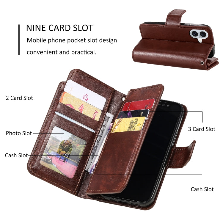 For iPhone 16 Tri-Fold 9-Card Wallets Leather Phone Case(Brown) - iPhone 16 Cases by buy2fix | Online Shopping UK | buy2fix