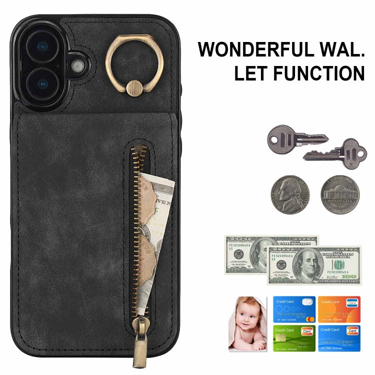 For iPhone 16 Retro Ring and Zipper RFID Card Slot Phone Case(Black) - iPhone 16 Cases by buy2fix | Online Shopping UK | buy2fix