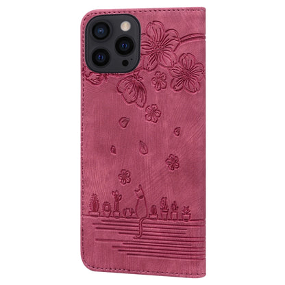 For iPhone 16 Pro Cartoon Sakura Cat Embossed Leather Phone Case(Wine Red) - iPhone 16 Pro Cases by buy2fix | Online Shopping UK | buy2fix