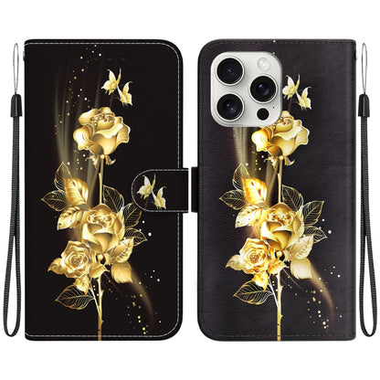 For iPhone 16 Pro Max Crystal Texture Colored Drawing Leather Phone Case(Gold Butterfly Rose) - iPhone 16 Pro Max Cases by buy2fix | Online Shopping UK | buy2fix