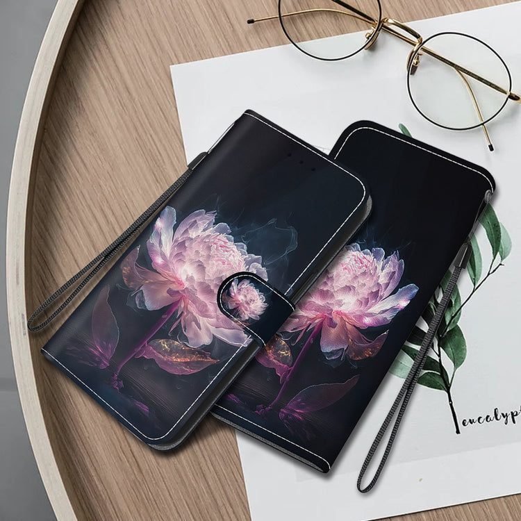 For Xiaomi Poco M6 Pro 4G Crystal Texture Colored Drawing Leather Phone Case(Purple Peony) - Xiaomi Cases by buy2fix | Online Shopping UK | buy2fix