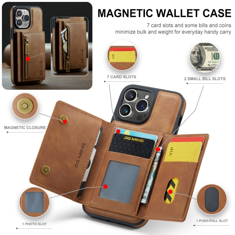 For iPhone 14 Pro Max DG.MING M5 Series Zip RFID Multi Card Detachable Leather Phone Case(Brown) - iPhone 14 Pro Max Cases by DG.MING | Online Shopping UK | buy2fix