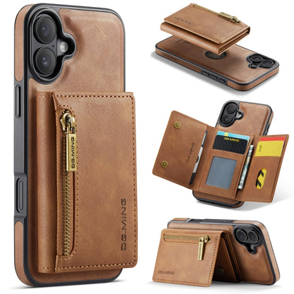 For iPhone 16 Plus DG.MING M5 Series Zip RFID Multi Card Detachable Leather Phone Case(Brown) - iPhone 16 Plus Cases by DG.MING | Online Shopping UK | buy2fix