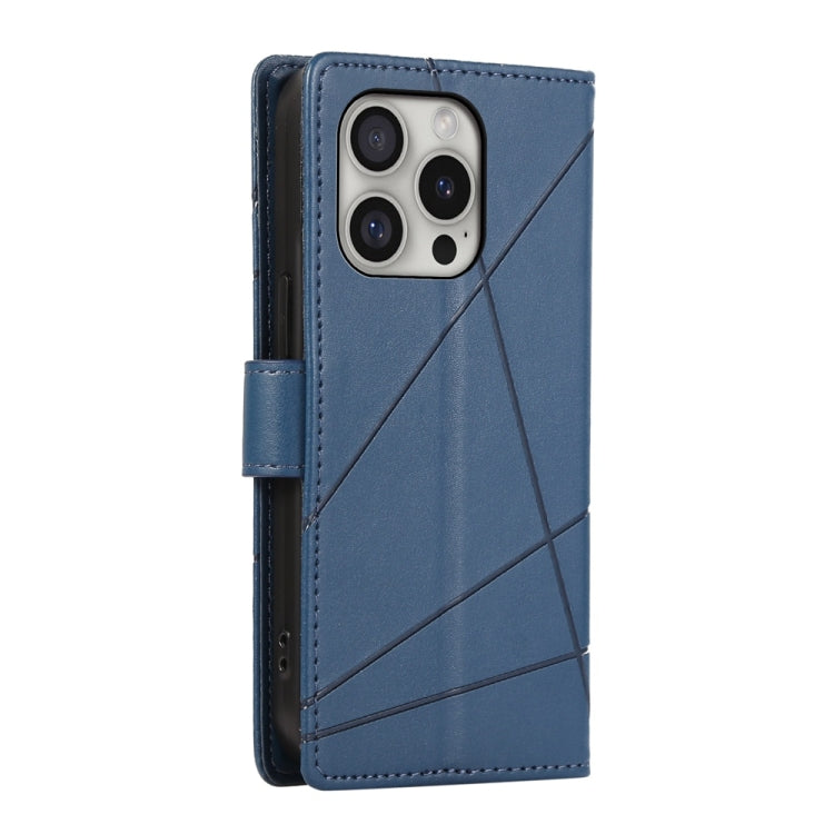 For iPhone 16 Pro PU Genuine Leather Texture Embossed Line Phone Case(Blue) - iPhone 16 Pro Cases by buy2fix | Online Shopping UK | buy2fix