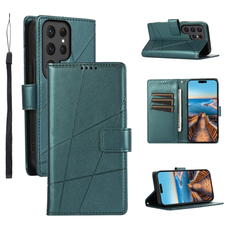 For Samsung Galaxy S23 Ultra 5G PU Genuine Leather Texture Embossed Line Phone Case(Green) - Galaxy S23 Ultra 5G Cases by buy2fix | Online Shopping UK | buy2fix