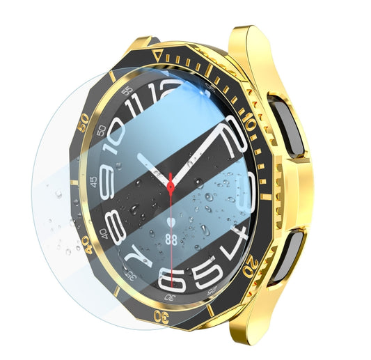 For Samsung Galaxy Watch6 Classic 47mm R960 Electroplate PC Case + Tempered Film + Watch Bezel Ring Set(Black+Gold) - Watch Cases by buy2fix | Online Shopping UK | buy2fix
