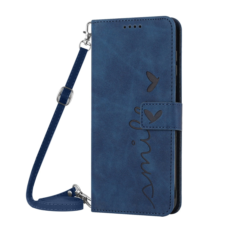 For OPPO Reno11 5G Global Skin Feel Heart Embossed Leather Phone Case with Long Lanyard(Blue) - Reno11 Cases by buy2fix | Online Shopping UK | buy2fix