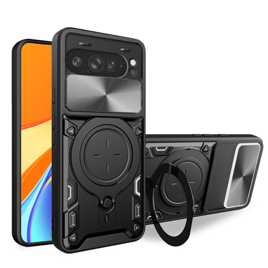 For Google Pixel 9 Pro XL CD Texture Sliding Camshield Magnetic Holder Phone Case(Black) - Google Cases by buy2fix | Online Shopping UK | buy2fix