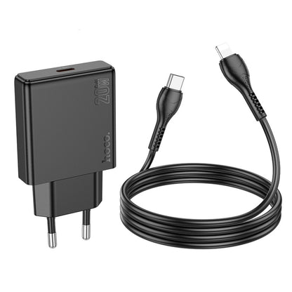 Hoco N37 Delgado PD20W USB-C / Type-C Single Port Charger Set with Type-C to 8 Pin Cable, EU Plug(Black) - USB Charger by hoco | Online Shopping UK | buy2fix