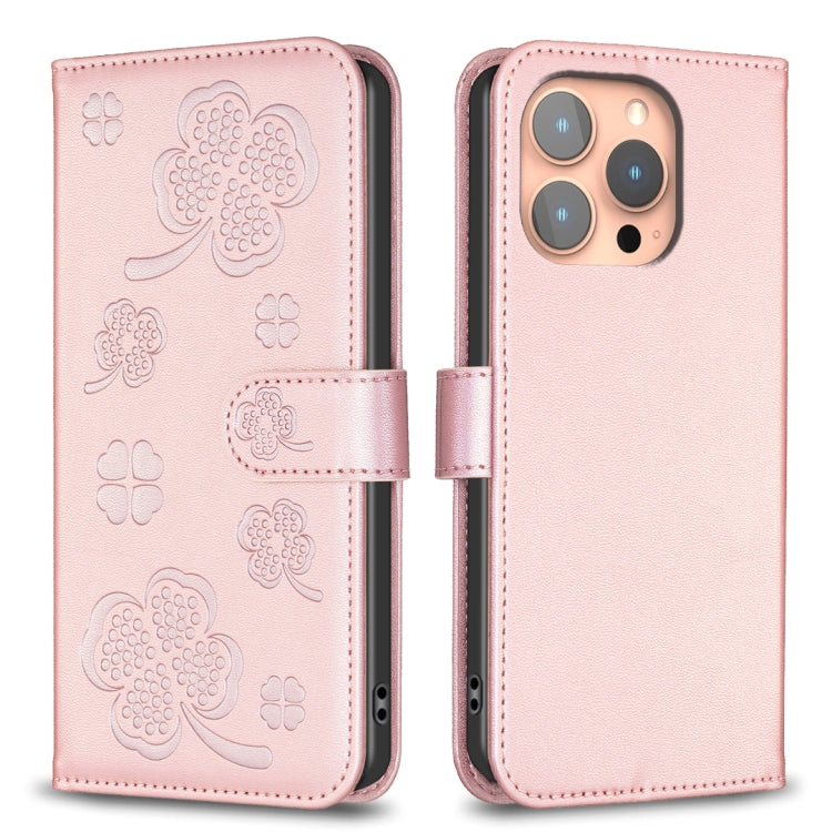 For iPhone 16 Pro Four-leaf Embossed Leather Phone Case(Pink) - iPhone 16 Pro Cases by buy2fix | Online Shopping UK | buy2fix