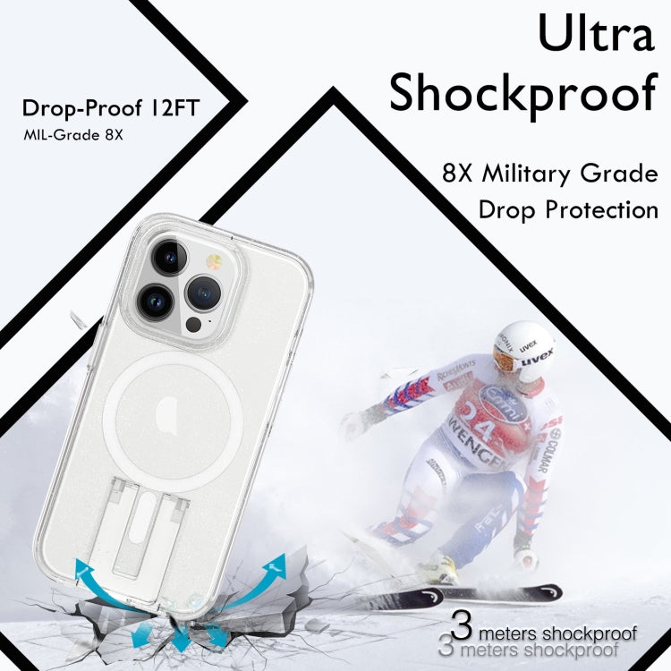 For iPhone 15 Pro Shockproof Terminator MagSafe Phone Case with Holder(Glitter White) - iPhone 15 Pro Cases by buy2fix | Online Shopping UK | buy2fix