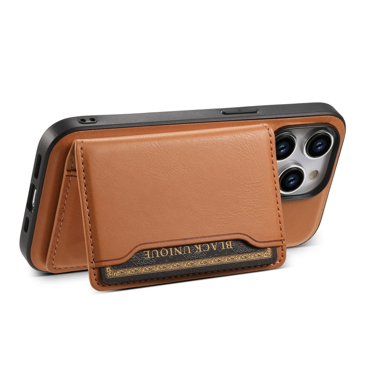 For iPhone 15 Pro Denior Cowhide Texture Leather MagSafe Detachable Wallet Phone Case(Khaki) - iPhone 15 Pro Cases by Denior | Online Shopping UK | buy2fix