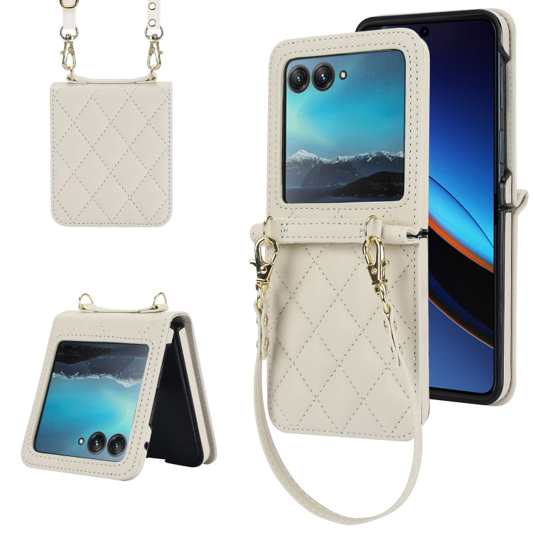 For Motorola Razr 40 Ultra Rhombic Texture Phone Case with Long & Short Lanyard(White) - Motorola Cases by buy2fix | Online Shopping UK | buy2fix