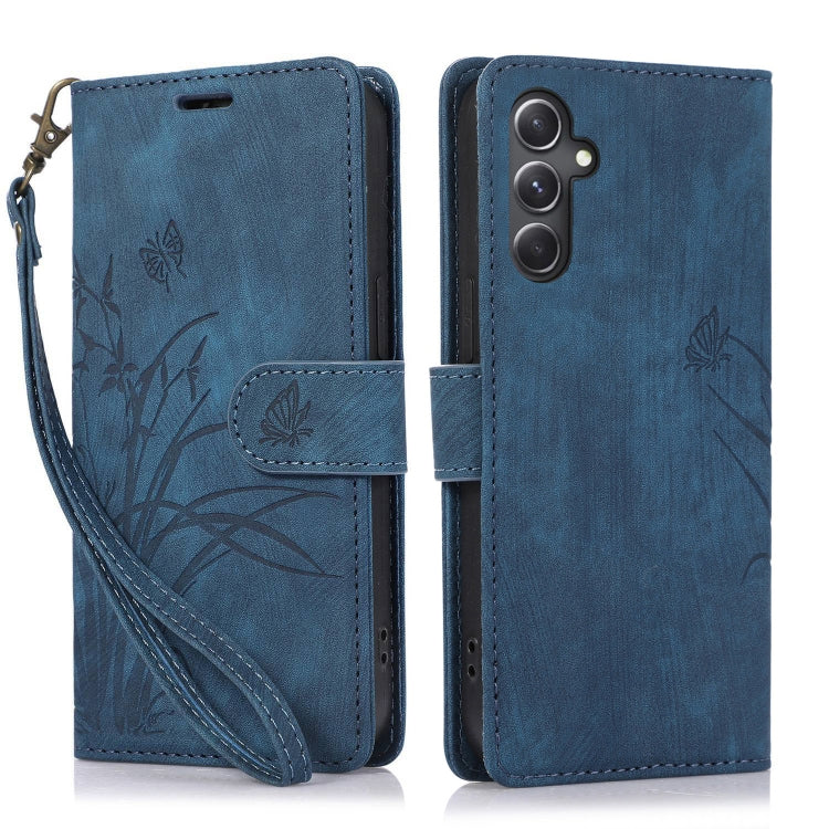 For Samsung Galaxy S24+ / S25+ 5G Orchid Butterfly Embossed Leather Phone Case(Blue) - Galaxy S24+ 5G Cases by buy2fix | Online Shopping UK | buy2fix