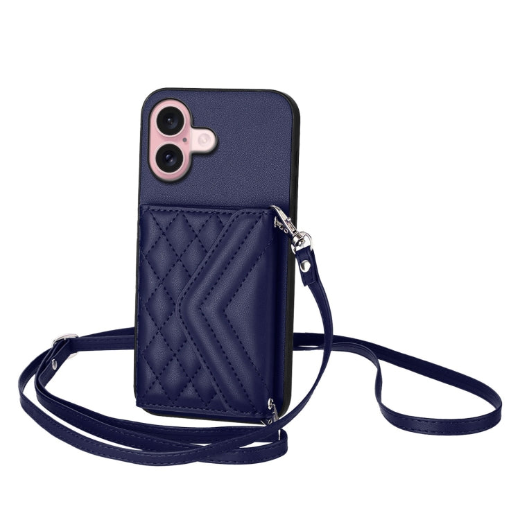 For iPhone 16 Rhombic Texture Card Bag RFID Phone Case with Long Lanyard(Blue) - iPhone 16 Cases by buy2fix | Online Shopping UK | buy2fix