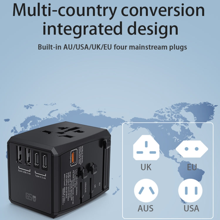 HHT905 PD 65W Dual USB+Dual Type-C Interface Multi-function Universal Travel Conversion Plug(Black) - USB Charger by buy2fix | Online Shopping UK | buy2fix