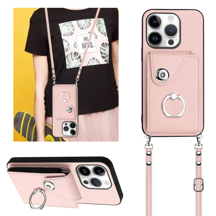 For iPhone 16 Pro Organ Card Bag Ring Holder Phone Case with Long Lanyard(Pink) - iPhone 16 Pro Cases by buy2fix | Online Shopping UK | buy2fix